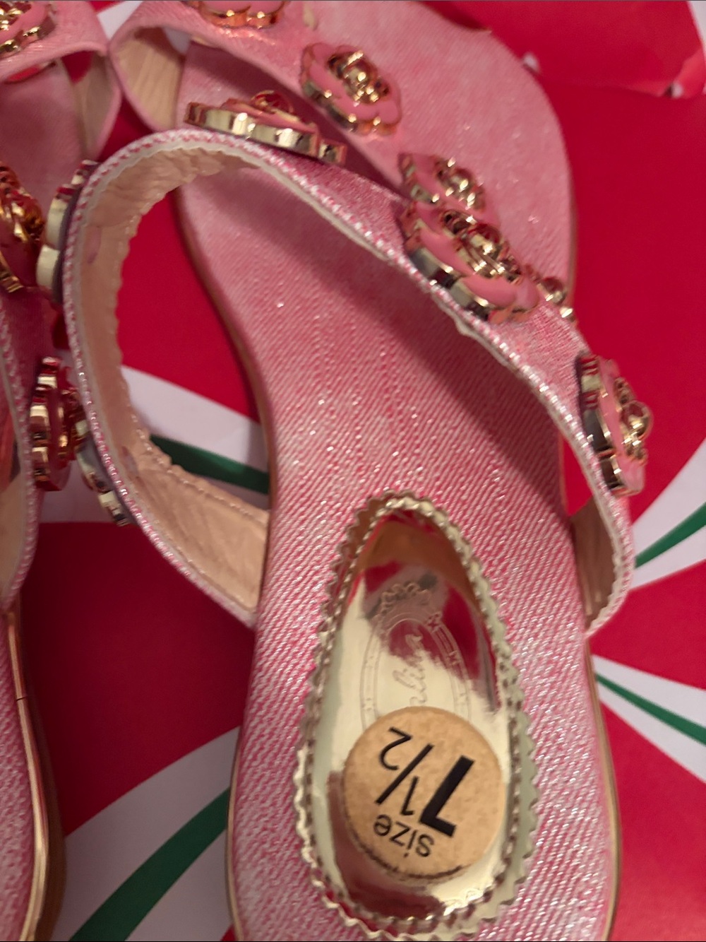 Women's Pink Floral Embellished Slide Sandals with Gold Accents - Picture 4 of 5